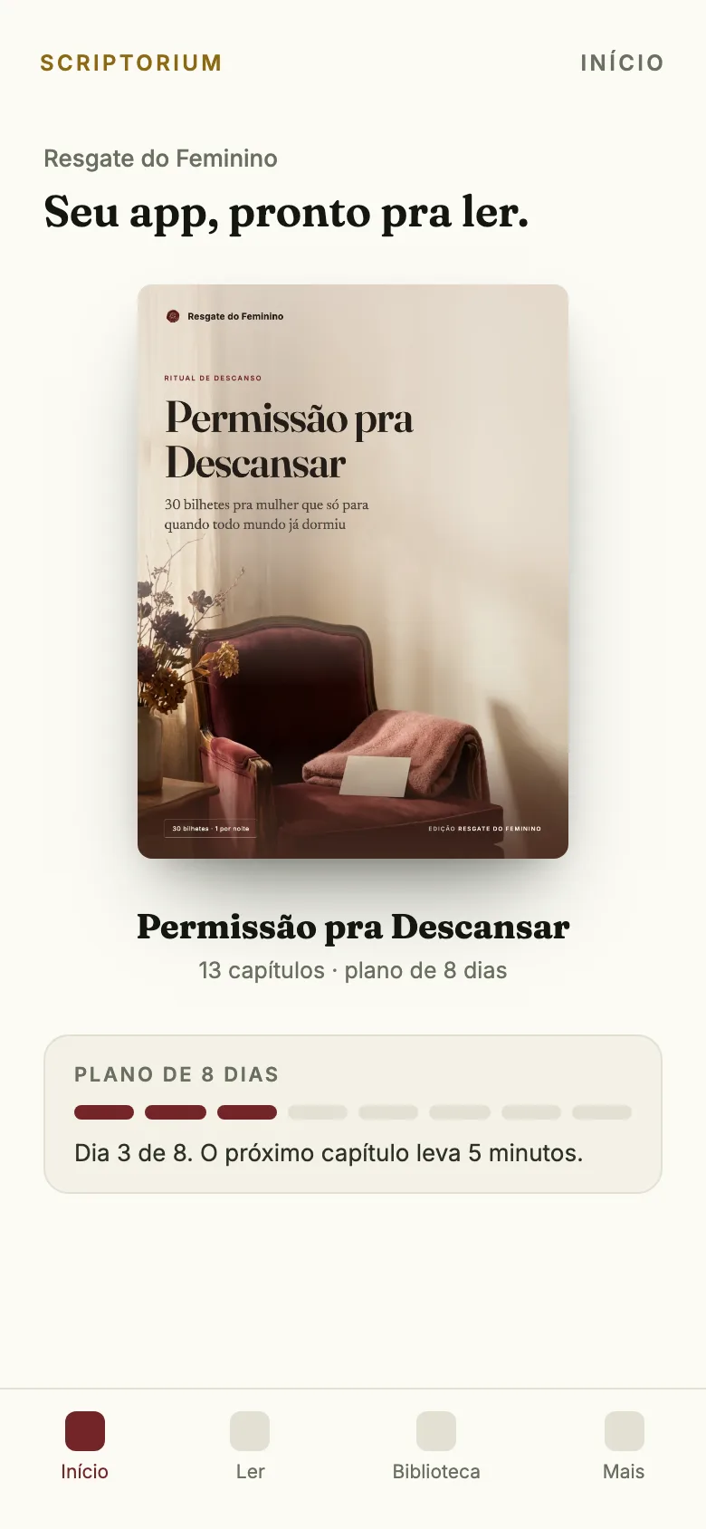 Capa do app: o ebook Permissão pra Descansar aberto na tela Início, com o plano de 8 dias